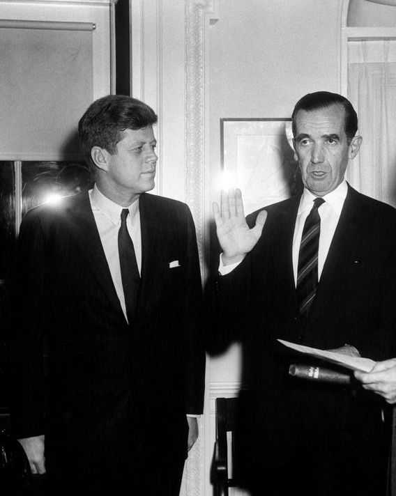 President John F. Kennedy Attends Swearing-in of Edward R. Murrow as Director of the USIA. March 21, 1961.

Abbie Rowe. White House Photographs. John F. Kennedy Presidential Library and Museum, Boston. <https://www.jfklibrary.org/asset-viewer/archives/JFKWHP/1961/Month%2003/Day%2021/JFKWHP-1961-03-21-E>